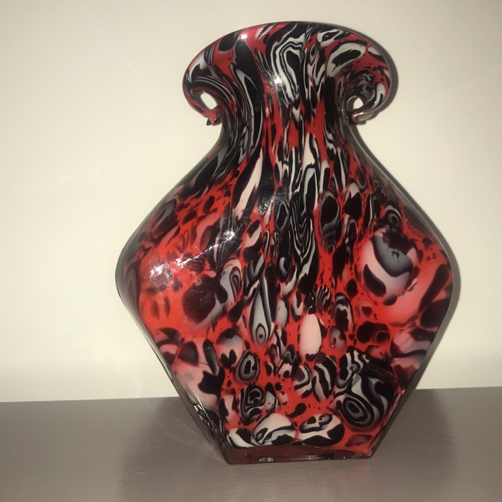 STUNNING blown glass vase ITALY red black & white